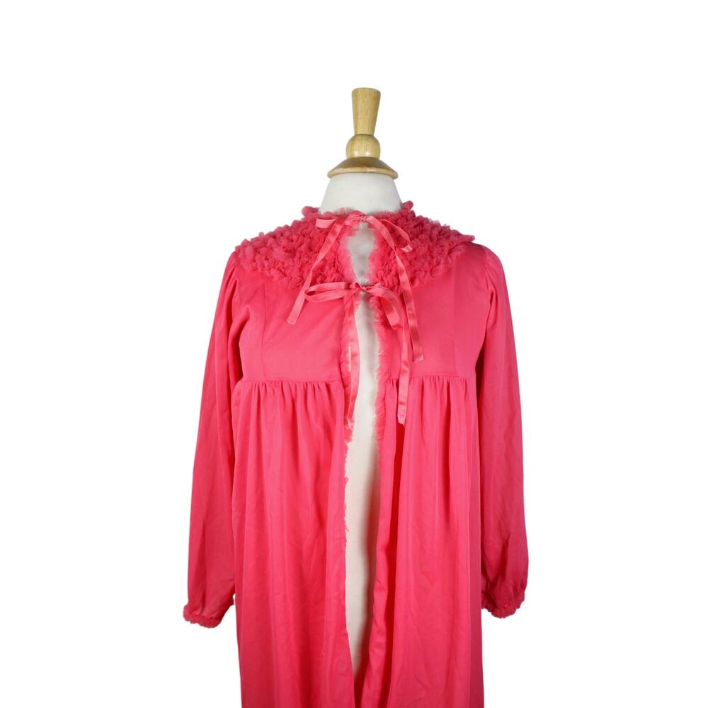 Vintage coral pink robe nylon ruffle sheer bathrobe nightgown open front bow S